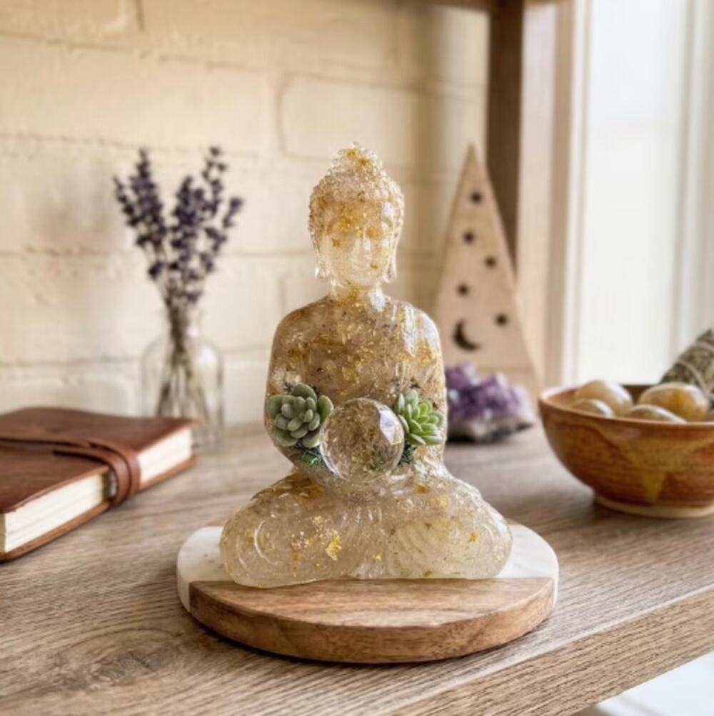 Golden Rutile Buddha Statue | Handmade Resin Crystal Figurine | Altar Decor